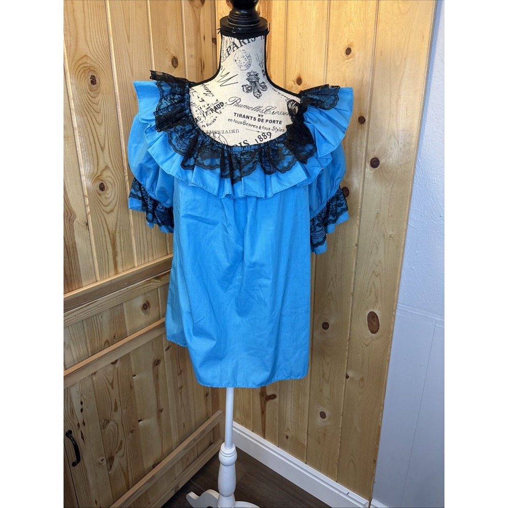 NEW Square Up Fashions Blue Lace Trim Dance Top Puff Sleeve Ruffle Large #981